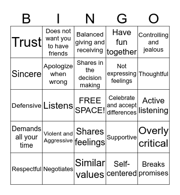 HEALTHY REALTIONSHIPS Bingo Card