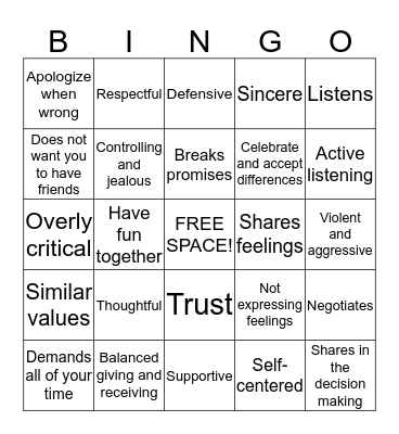 HEALTHY RELATIONSHIPS Bingo Card