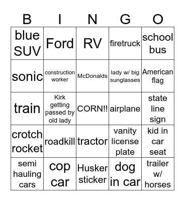 on the road again #2 Bingo Card