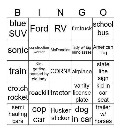 on the road again #2 Bingo Card