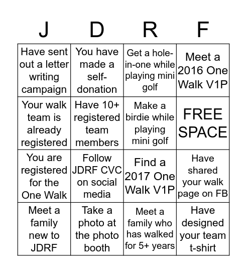2017 One Walk Kick-Off Bingo Card
