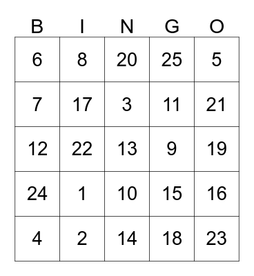 Number Bingo Card