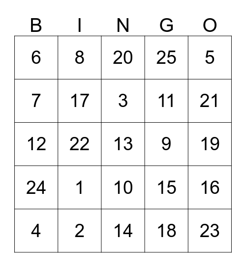 Number Bingo Card