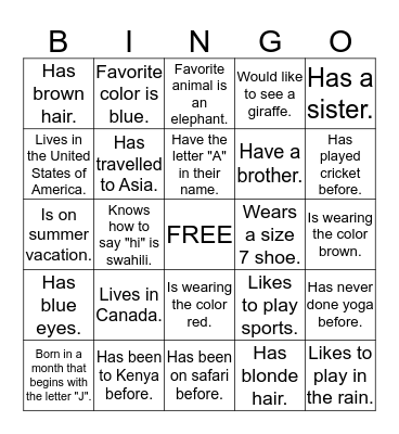 Re-Defining Family Seva Safari Bingo Card