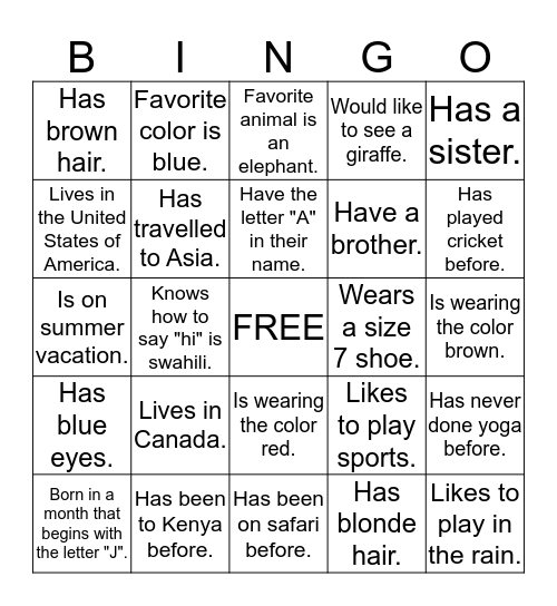 Re-Defining Family Seva Safari Bingo Card