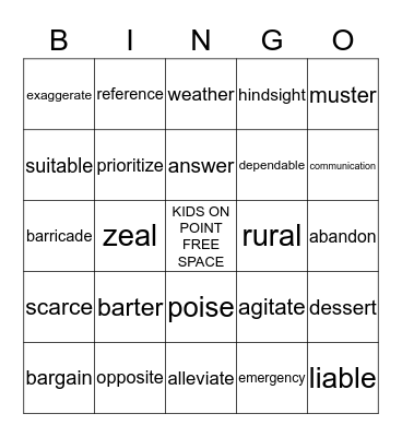 Kids on Point Bingo Card