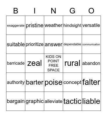 Kids on Point Bingo Card