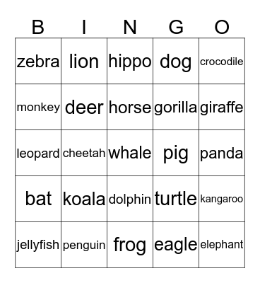 animal menagerie - A Bingo Card