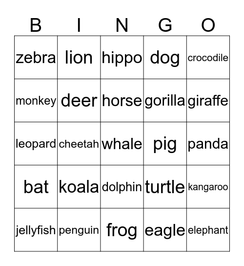 animal menagerie - A Bingo Card