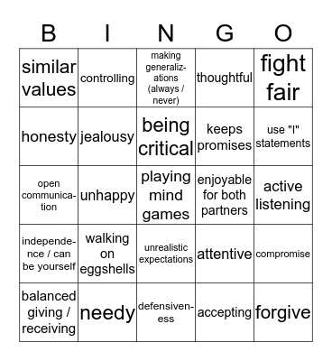 Healthy Relationships Bingo Card
