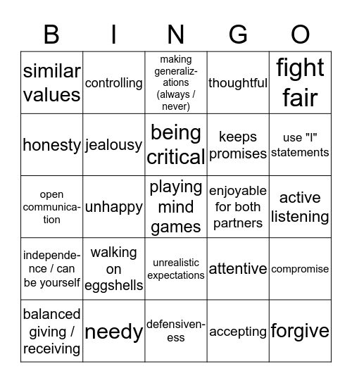 Healthy Relationships Bingo Card