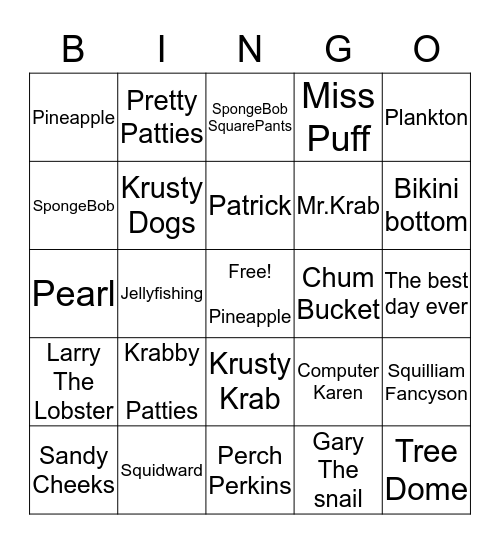 SpongeBob Bingo Card