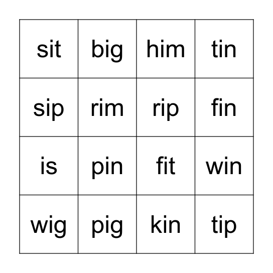 Short i Words Bingo Card