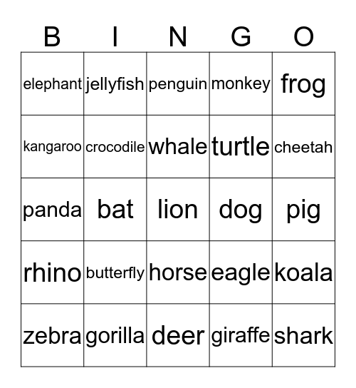 animal menagerie - D Bingo Card
