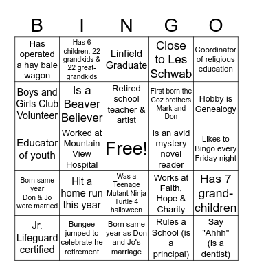 DON & JO's 60th ANNIVERSARY BINGO Card