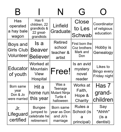 DON & JO's 60th ANNIVERSARY BINGO Card