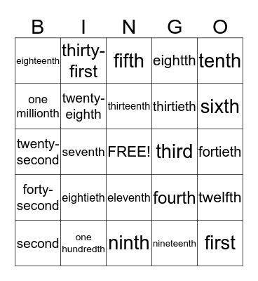 Ordinal Numbers Bingo Card