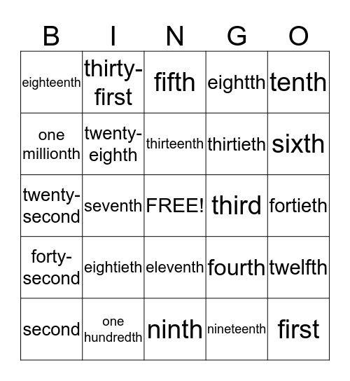 Ordinal Numbers Bingo Card