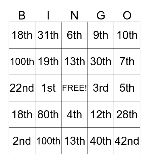 ordinal numbers bingo card