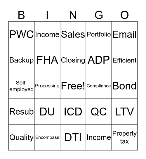 Underwriting Team Meeting Bingo Card