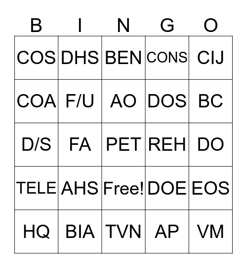 H&N Lingo Bingo Card