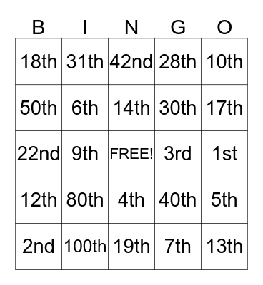 Ordinal Numbers Bingo Card