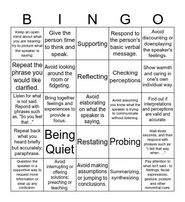 Listening Skills Bingo Card