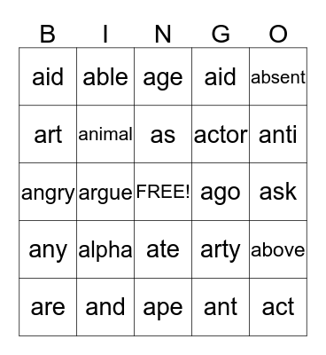 Words beginning with 'a' Bingo Card
