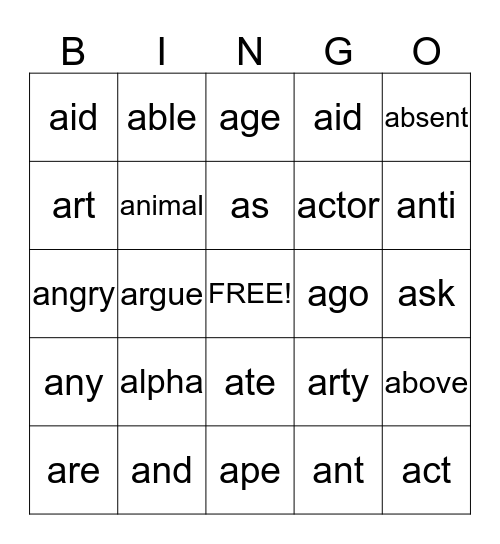 Words beginning with 'a' Bingo Card