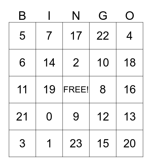Fun With Numbers Bingo Card