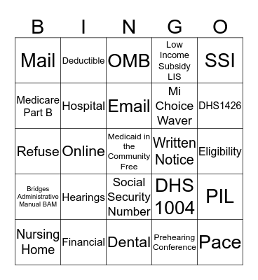 Medicaid Bingo Card