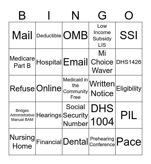 Medicaid Bingo Card