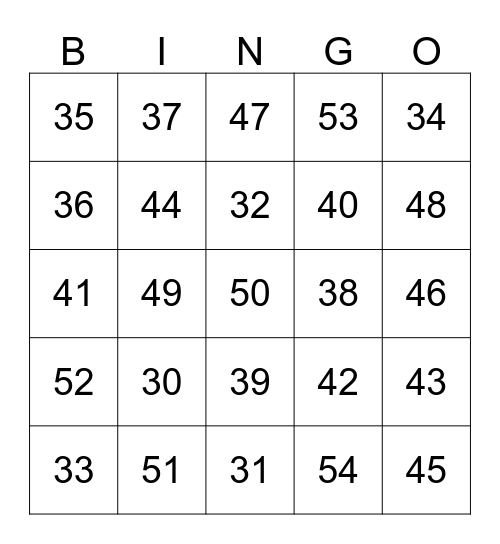 Numbers between 30-54 Bingo Card
