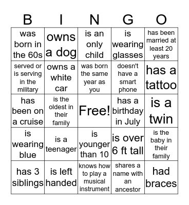 Banks Family Reunion (Find Someone who...) Bingo Card