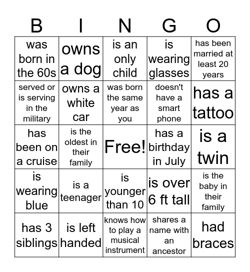 Banks Family Reunion (Find Someone who...) Bingo Card