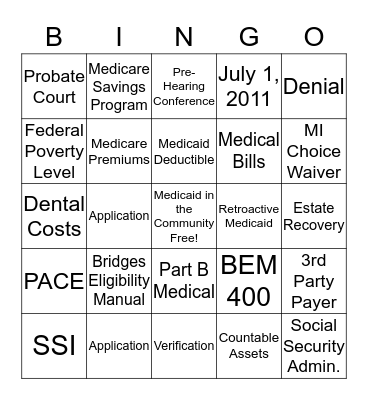 Medicaid Bingo Card