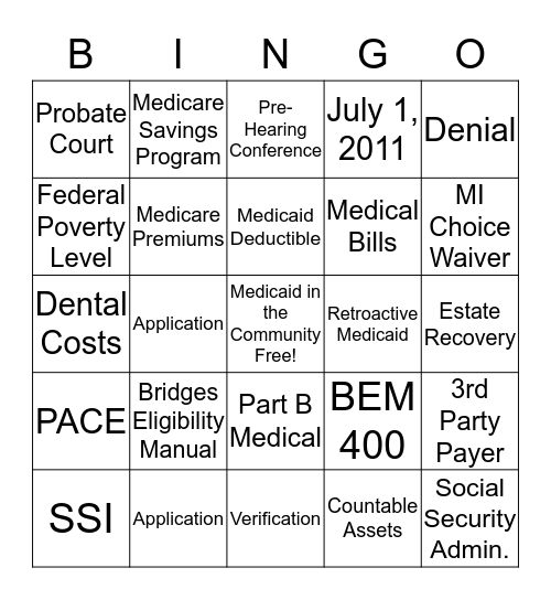 Medicaid Bingo Card