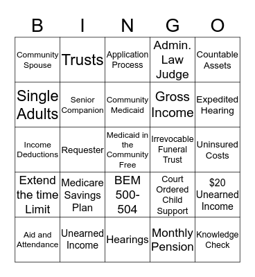 Medicaid Bingo Card