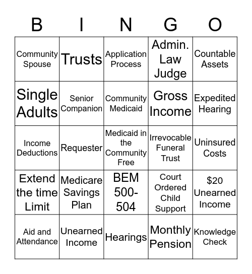 Medicaid Bingo Card