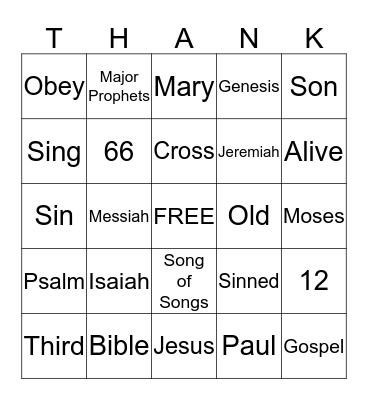 Thankfulness Bingo Card