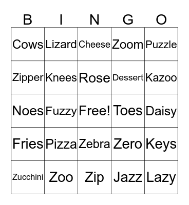 Z Word BINGO Card