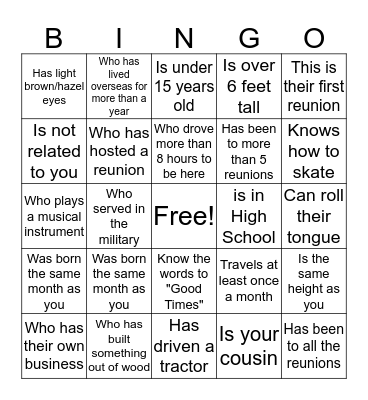 JORDAN FAMILY REUNION  Bingo Card