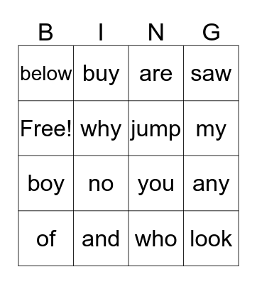 SIGHT WORDS #2 Bingo Card