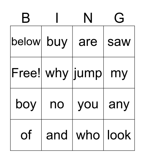 SIGHT WORDS #2 Bingo Card