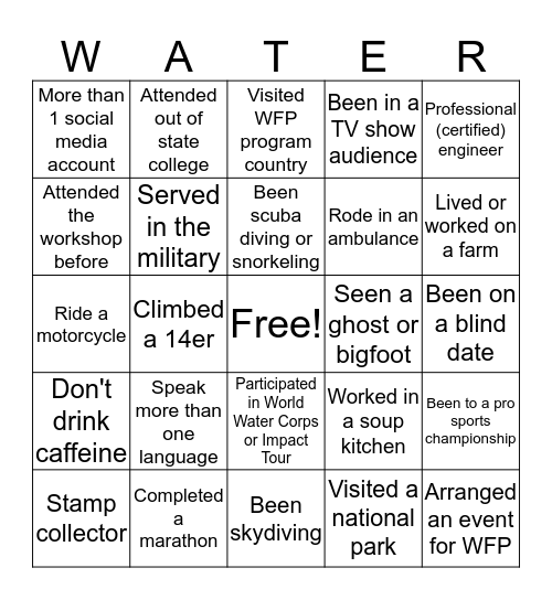 Water For People Icebreaker Trivia Bingo Card