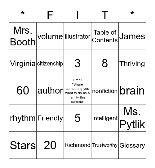 Salem Saturday Family FIT BINGO Card