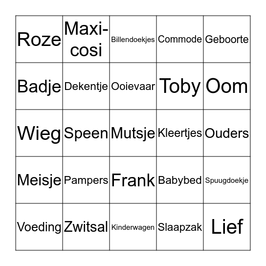 Marieke's Baby Shower Bingo Card