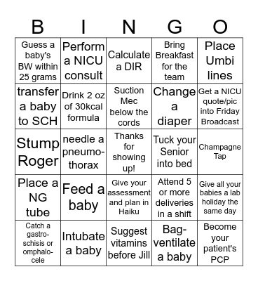 NICU Bingo Card