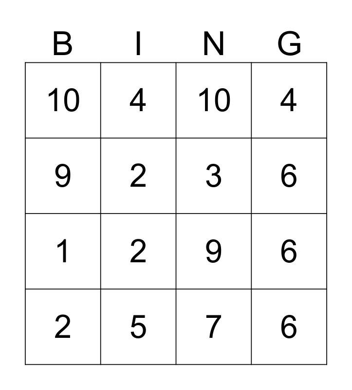 Numbers 10 Bingo Card