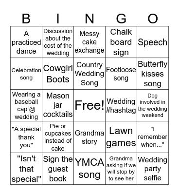 Wedding weekend Bingo Card